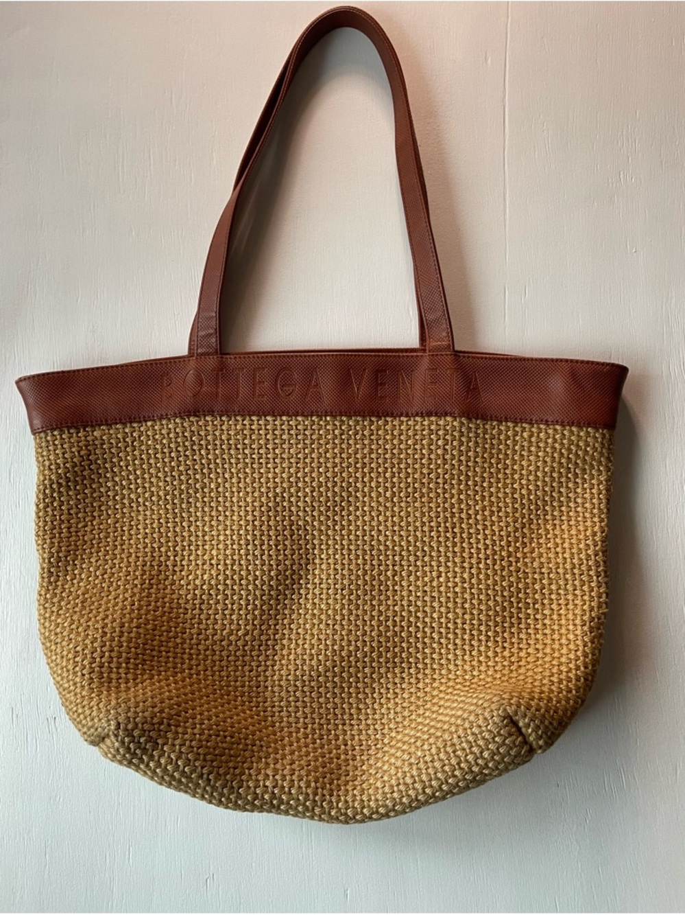 Bottega Veneta Tan Woven Tote with Brown Leather Trim